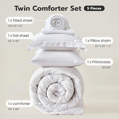 Joiedomi Twin Comforter Set with Sheets White, 5 Pieces Twin Bedding Sets with 1 Down Alternative Comforter, 1 Flat Sheet, 1 Fitted Sheet, 1 Pillowcase and 1 Pillow Sham, Bed in a Bag for All Seasons