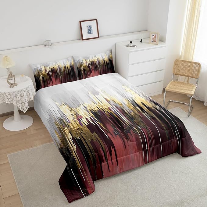 Burgundy Red Bedding Set King Gradient Stripe Comforter Set, Modern Oil Painting Graffiti Duvet Insert Watercolor Abstract Artwork Quilt Sets, Aesthetic Metallic Golden Bedding Comforters & Sets 3pcs