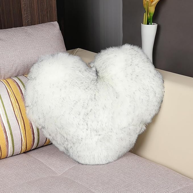 HANDKEI Love Pillow, Heart-Shaped Long Plush, Pink Imitation Wool, Living Room Sofa, Cute Cushion, Bedside Cushion (White Gray, 15.74 inch X 19.68 inch)