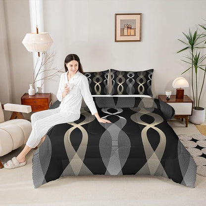 Erosebridal Black and Gold Twin Bedding Set, Gold Striped Abstract Comforter Set for Men Women Adults Teens, Contemporary Boho Modern Art Quilt, Ombre Geometric Stripes Artistic Comforter