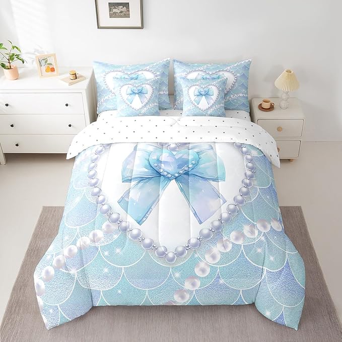 jejeloiu Girls Blue Bowknot 7 Piece Bedding Set King Size White Pearl Comforter Set with Sheets for Kids Women Glitter Mermaid Bed in a Bag Princess Style Bed Set