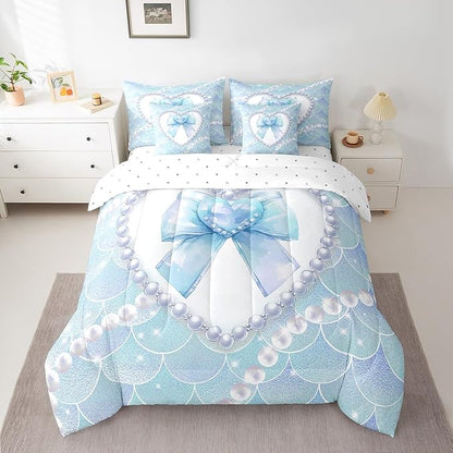 jejeloiu Girls Blue Bowknot 7 Piece Bedding Set King Size White Pearl Comforter Set with Sheets for Kids Women Glitter Mermaid Bed in a Bag Princess Style Bed Set