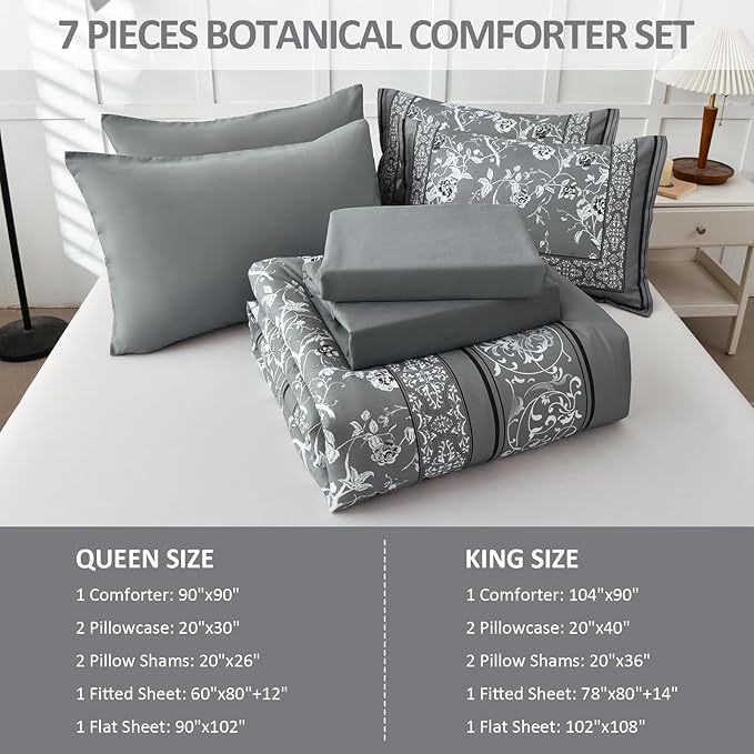 Dobuyly Grey Floral Queen Comforter Set, 7 Piece Bed in a Bag Queen Size Flowers Botanical Bedding Set, Soft Microfiber Bedding Comforter Sets with Sheets for All Season