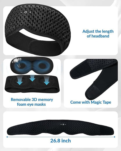 Bluetooth Sleep Mask with Removable 3D Contoured, 100% Blackout Eye Mask for Sleeping, Sleeping Headphones with Ultra-Thin Stereo Speakers for Side Sleepers, Perfect Tech Gifts for Men/Women