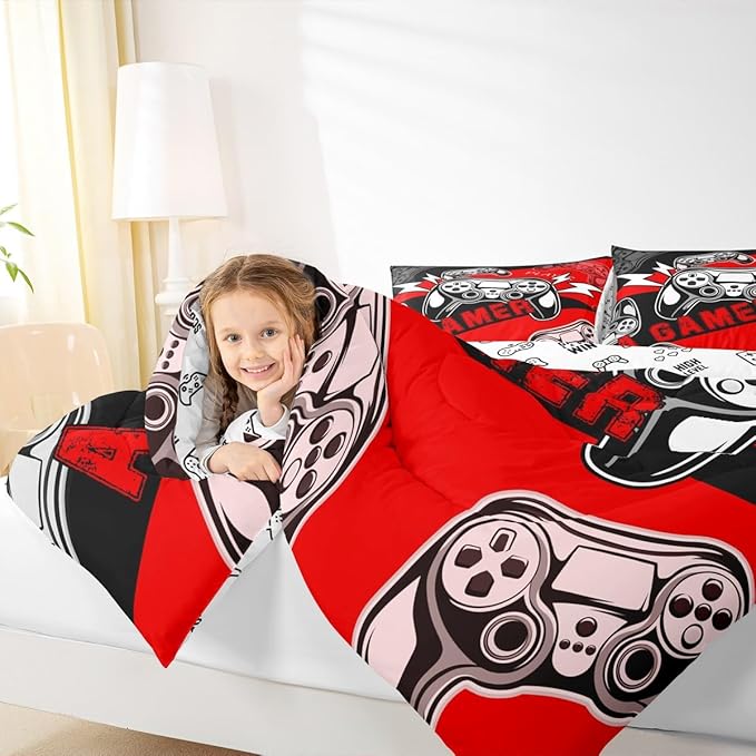 Erosebridal Gaming Comforter Sets for Boys Kids Gamer Comforter Set,Video Game Bedding Set Red Black Gamepad Quilt Duvet Set Men Boys Bedroom Decor,King Size 3Pcs
