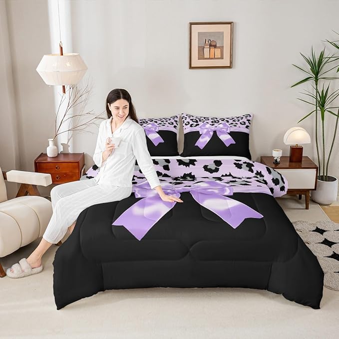 jejeloiu Purple Silk Bowknot Duvet Cover Queen Size Grey Leopard Bedding Set for Kids Girls Women Black Purple Comforter Cover Set Sweet Romantic Bedspread Cover 3Pcs