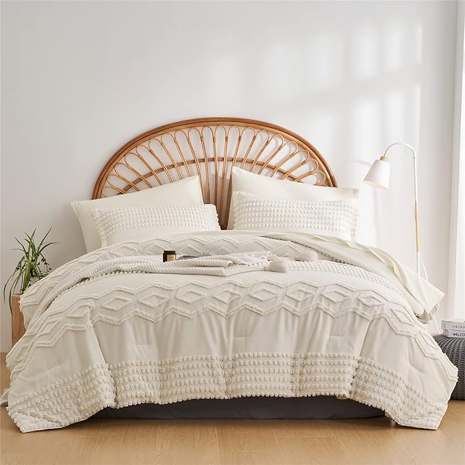 KAKIJUMN White Tufted Comforter Set Queen Size 7 Piece Bed in a Bag, Shabby Chic Boho Comforter and Sheet Set, All Season Soft Microfiber Complete Bedding Set(White,Queen)