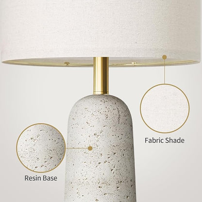 BOBOMOMO 27.25" Modern Table Lamp Set of 2, White Resin Table Lamps with Stone Look, Lamps for Living Room with Linen Shades, Bedside Lamps for Bedroom, Nightstand, Entryway