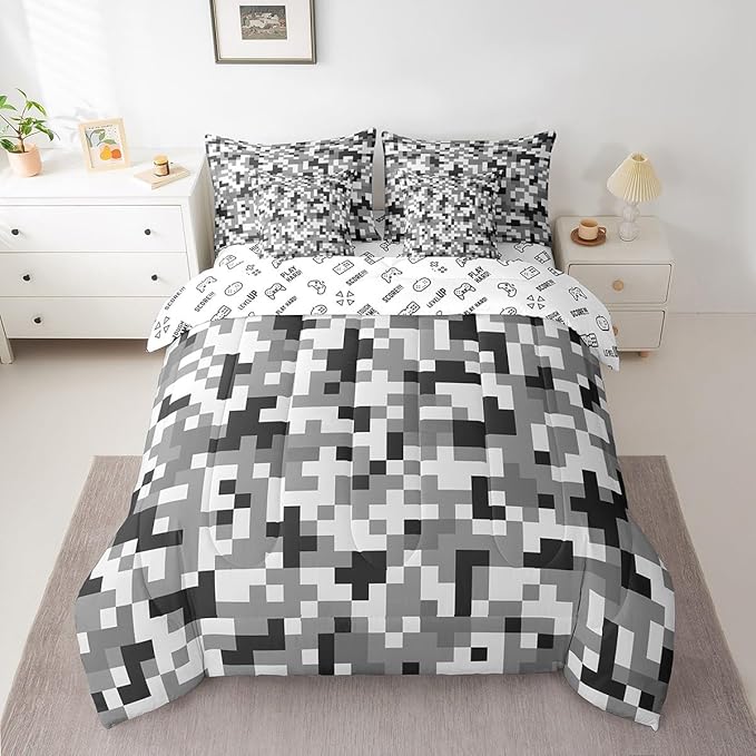 Grey Black Camo 7Pcs Comforter Set Queen Size,Geometric Pixelated Themed Bedding Set for Kids Girls Boys Teens Room Decor,Modern Camouflage Fitted Flat Sheet Video Games 2 Throw Pillow,2 Pillowcases