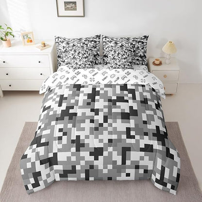 Grey Black Camo 7Pcs Comforter Set Queen Size,Geometric Pixelated Themed Bedding Set for Kids Girls Boys Teens Room Decor,Modern Camouflage Fitted Flat Sheet Video Games 2 Throw Pillow,2 Pillowcases