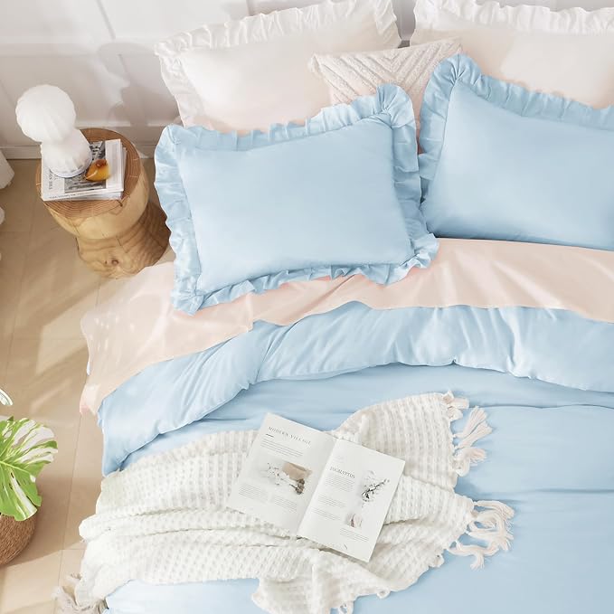 Andency Light Blue Comforters Queen Size, 3 Pieces Solid Shabby Chic Farmhouse Bedding Comforters & Sets, Lightweight Fluffy All Season Soft Down Alternative Bed Set for Women Men