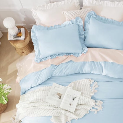 Andency Light Blue Comforters Queen Size, 3 Pieces Solid Shabby Chic Farmhouse Bedding Comforters & Sets, Lightweight Fluffy All Season Soft Down Alternative Bed Set for Women Men