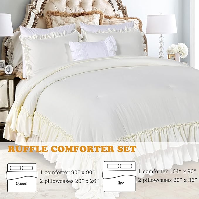 Masaca Shabby King Size Comforter Set, Farmhouse Ivory Bedding Ruffled Comforter Set King,Lightweight Vintage Rustic Bedding 3 Pcs (1 Shabby Comforter and 2 Pillowcases)