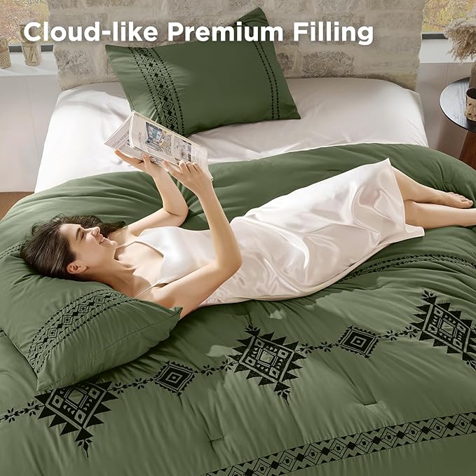 Embroidered Boho Comforter Set Queen Size, 3-Piece Western Shabby Chic Bedding Set - Fluffy Ultra Soft Microfiber with Intricate Design, Includes 1 Green Comforter(88"x88") & 2 Pillowcases