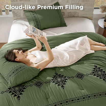 Embroidered Boho Comforter Set Twin Size, 2-Piece Western Shabby Chic Bedding Sets - Fluffy Ultra Soft Microfiber with Intricate Design, Includes Green Comforter(68"x88") & 1 Pillowcase