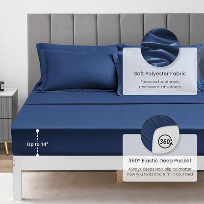 Love's cabin King Size Comforter Set Dark Blue, 7 Pieces King Bed in a Bag, All Season Bedding Sets with 1 Comforter, 1 Flat Sheet, 1 Fitted Sheet, 2 Pillowcase and 2 Pillow Sham