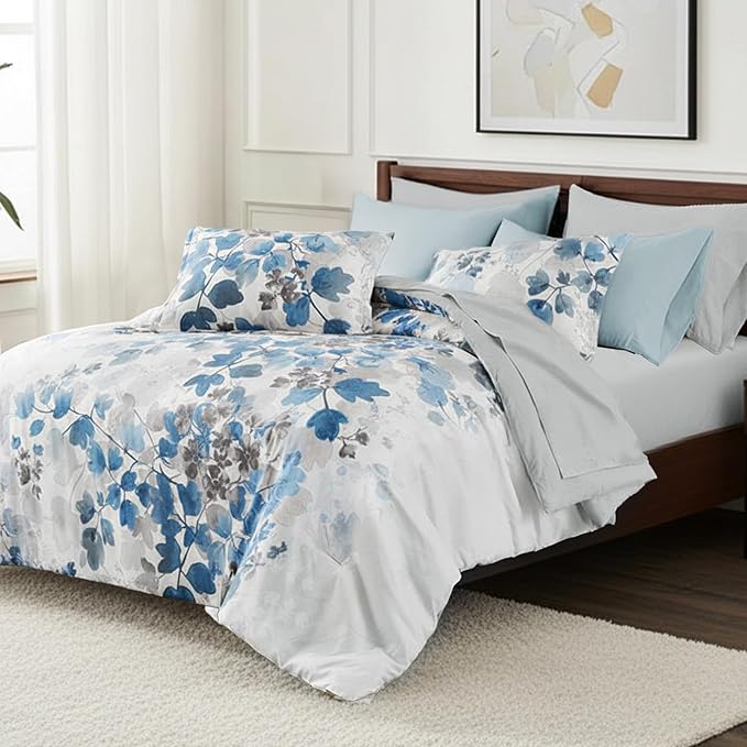 Full Comforter Set Blue Bed Set, 9 Pieces Cute Floral Bedding Set Ultra Soft Botanical Flowers Comforter, Sheets, Pillowcases & Shams