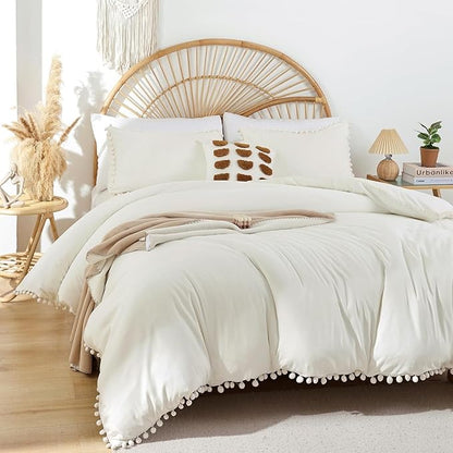 YIRDDEO King Size Comforter Set in Ivory, 3pcs Boho Ball Pom Lightweight Bed Comforter, Soft Solid Color Bedding Comforter Sets for All Seasons (Ivory, King, 104"x90")