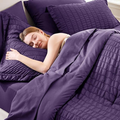 CozyLux King Size Comforter Set Purple Seersucker 7 Pieces Bed in a Bag King Comforter Set with Sheets, Luxury Soft Bedding Set with Down Alternative Comforter, Sheets, Pillowcases & Shams All Seasons