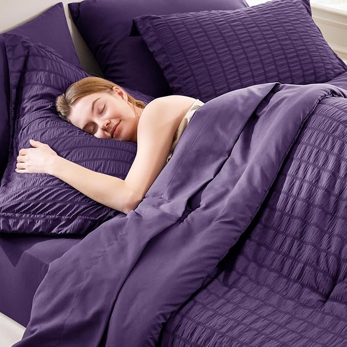 CozyLux Queen Comforter Set Purple Seersucker 7 Pieces Bed in a Bag Queen Comforter Set with Sheets, Luxury Soft Bedding Set with Down Alternative Comforter, Sheets, Pillowcases & Shams for All Season