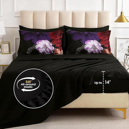 WONGS BEDDING Black Comforter Set Queen Size, 7 Pieces Floral Bed in a Bag Set, Luxury Red Flower Bedding Set, Soft Microfiber for All Season with Pillowcases & Shams,Sheets(90"×90")