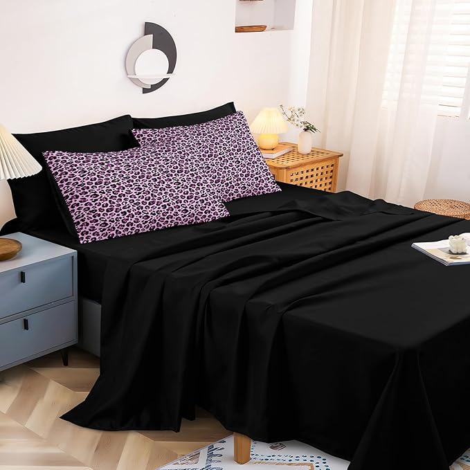 Leopard Print Comforter Queen Black and Purple Bedding Sets 8 Pcs Purple Cheetah Animal Print Texture Wild Leopard Bed in A Bag with Comforter and Sheet Set