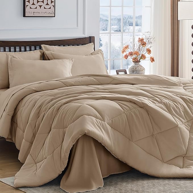 HEVUMYI Khaki Full Comforter Set - 7-Piece All Season Bed in a Bag Full, Ultra Soft Bedding Set with Comforter, Flat Sheet, Fitted Sheet, Pillowcases, Pillow Shams