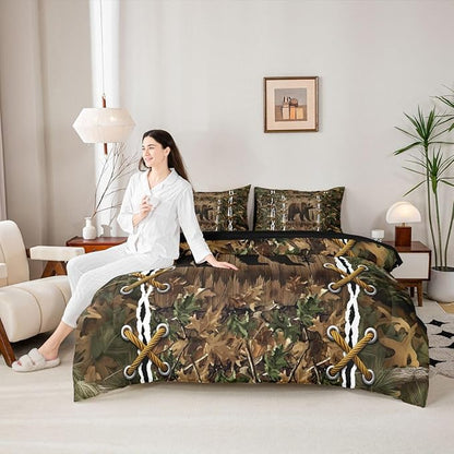 Cabin Full Size Bed Sheets and Comforter Set | Wild Bear Grizzly 7-Piece Bedding Set Mens Camouflage Bed in a Bag, Woodland Hunting Animals Bed Sets,Camo Rustic Farmhouse Decor Camo Bed Set