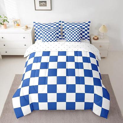 Feelyou Checkered Retro 7 Piece Bedding Set Teen Women Men Blue White Plaid Comforter Set with Sheets Full Size Kids Boys Geometric Vintage Bed in a Bag Modern Simple Groovy Aesthetic Room Decor