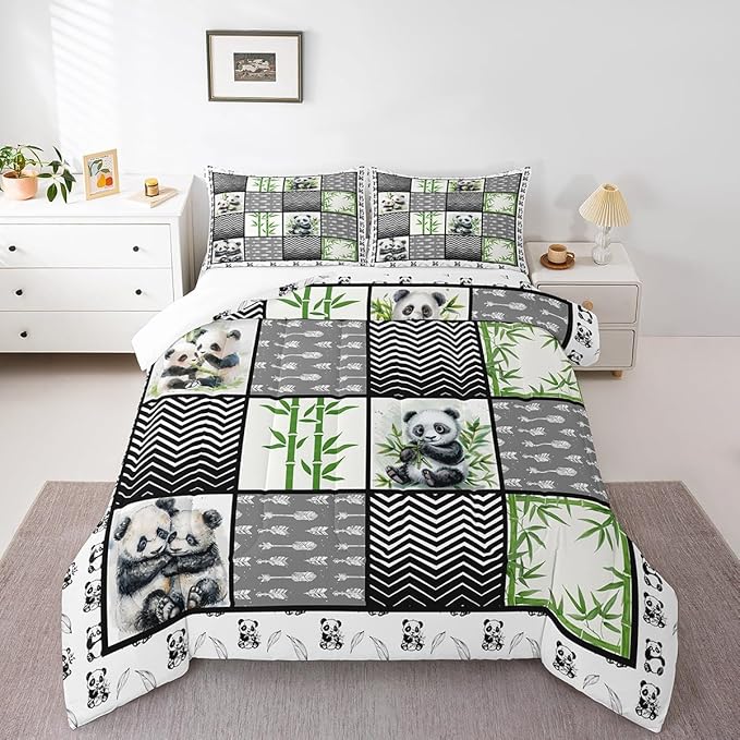 Kawaii Panda King Size Comforter Sets for Kids Boys Girls,Green Botanical Leaves Bedding Sets Youth Men Bedroom Decor,Cartoon Bear Black White 3 Pieces Quilt Set,Splicing Geometric Duvet Insert