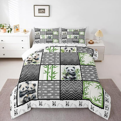Kawaii Panda Toddler Size Comforter Sets for Kids Boys Girls,Green Botanical Leaves Bedding Sets Youth Men Bedroom Decor,Cartoon Bear Black White 2 Pieces Quilt Set,Splicing Geometric Duvet Insert