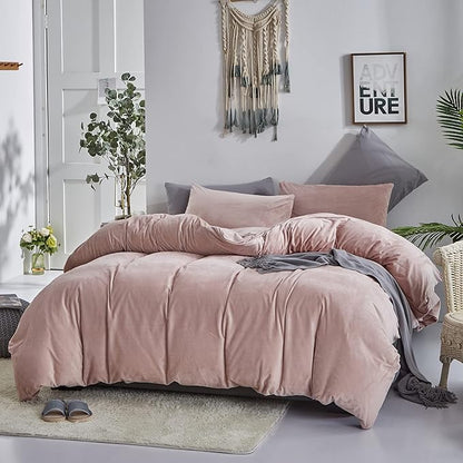 KAREVER Pink Velvet Comforter Set Twin Solid Blush Flannel Velvet Bedding Comforter Set All Pink Colour 3 PCs Shaggy Soft Warm and Durable Blush Flannel Blanket Twin