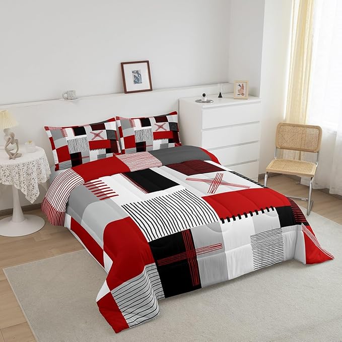 Erosebridal Red Grey Comforter Set King for Kids Boys Teen Black White Abstract Bedding Set Modern Fashion Room Decor Geometric Square Quilt Grids Checkered Duvet Insert 3 Pcs