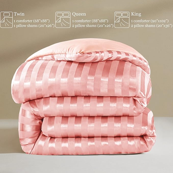 Whale Flotilla 3-Piece Reversible Silky Soft King Size Comforter Set, Luxury Stripe Satin Oversized Comforter Bedding Set with 2 Satin Pillowcases, Lightweight Duvet for All Seasons, Pink
