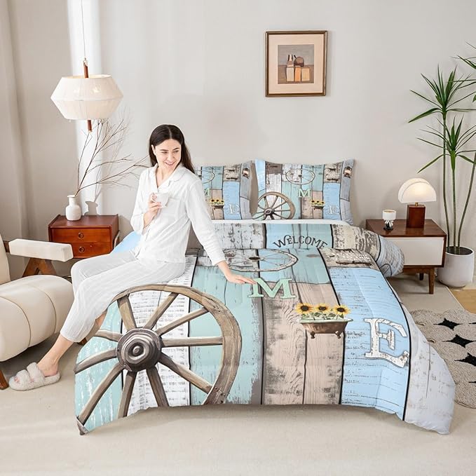 Rustic Farmhouse Bedding Sets For Cabin Lodge Western Country Comforter Set Retro Barn Door Wheel Windmill Quilt Set Full,Farm Animal Sunflower Planks Duvet Insert Blue Grey Brown 2 Pillow Cases