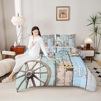 Rustic Farmhouse Bedding Sets For Cabin Lodge Western Country Comforter Set Retro Barn Door Wheel Windmill Quilt Set Twin,Farm Animal Sunflower Planks Duvet Insert Blue Grey Brown 1 Pillow Case