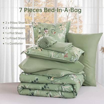 Green Queen Comforter Size Set, 7 Pieces Floral Bed in a Bag Bedding Sets, Lightweight Soft Comforter and Sheet Set, All Season Microfiber Flower Bedding Sets