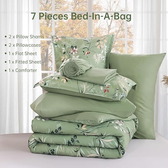 Green King Comforter Size Set, 7 Pieces Floral Bed in a Bag Bedding Sets, Lightweight Soft Comforter and Sheet Set, All Season Microfiber Flower Bedding Sets