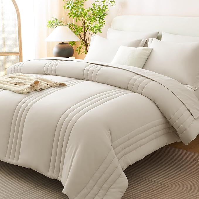 CozyLux Full Size Comforter Sets - 7 Piece Bed in a Bag Beige Comforter Set with Sheets Luxury Bed Set All Seasons, Soft Bedding Set with Down Alternative Comforter, Sheets, Pillowcases & Shams