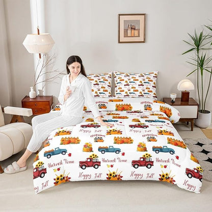 Happy Fall Bedding Set For Kids Full Plaid Pumpkin Truck Comforter Set Thanksgiving Harvest Season Bedding Comforter Sets Autumn Sunflower Harvest Time Quilt Duvet Red Blue Orange 2 Pillow Cases