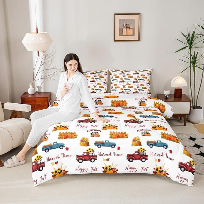 Happy Fall Bedding Set For Kids Twin Plaid Pumpkin Truck Comforter Set Thanksgiving Harvest Season Bedding Comforter Sets Autumn Sunflower Harvest Time Quilt Duvet Red Blue Orange 1 Pillow Case