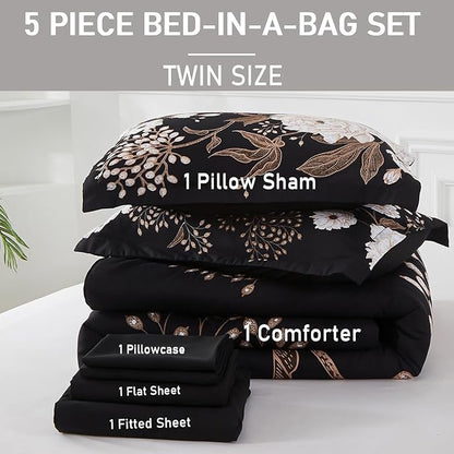 Yogeneg 5 Piece Bed in a Bag Twin Size Comforter Set Botanical Floral Bedding Set,White Flower Leaves Printed on Black Reversible Design,Soft Microfiber Comforter with Sheet Set,All Season(Black,Twin)