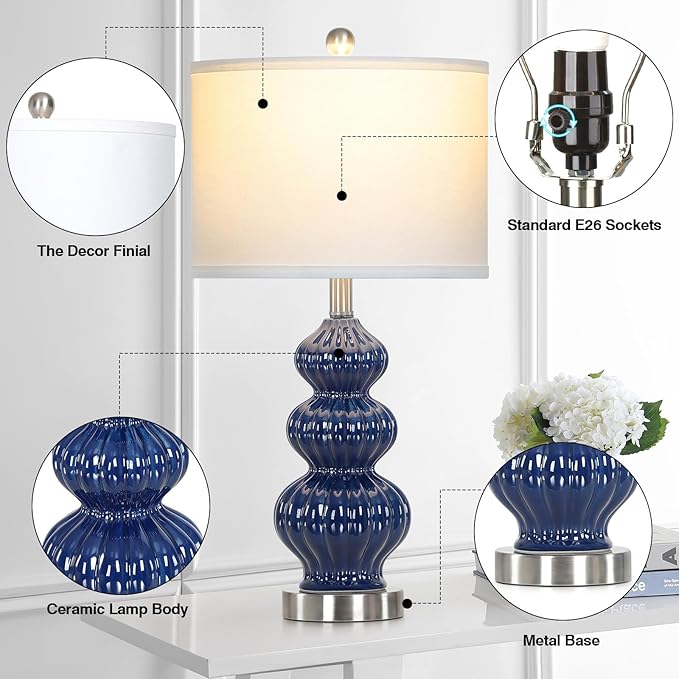 26" Blue Table Lamp Set of 2 with Rotary Control, Ceramic Table Lamps Classic Beside Lamps Nightstand Lamp Modern Table Lamp for Living Room,LED Bulbs Included