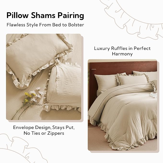MR&HM California King Comforter Set Linen, Comforter Set 7 Pieces for Girls Women, Shabby Chic Vintage Cottagecore Bed Sets Elegance Boho Bed in a Bag, Ultra-Soft & Fluffy Comforter for All Season