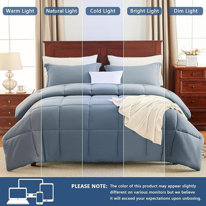 CozyLux Full Size Comforter Sets - Grayish Blue Comforter Full Size, 3 Pieces Box Stitched Bed Set for All Seasons, Soft Lightweight Bedding Sets with 1 Down Alternative Comforter and 2 Pillow Shams