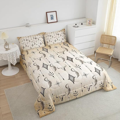 Feelyou Bull Skull Western Comforter Set Ethnic Horns Boho Twin Size Bedding Set for Kids Adult Black Brown Tribal Symbol Mysterious Aztec Comforter