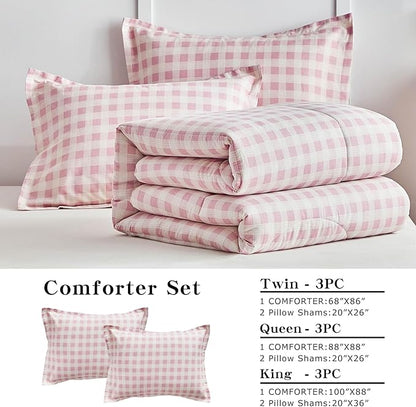 Joyreap 3pcs Cotton Comforter Set Queen, Pink Grid Gingham Check Design for Girls, Soft Cozy Lightweight Bedding Comforter Set for All Seasons- 88x88 inches