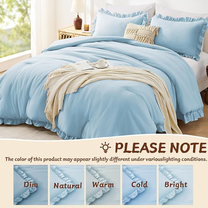 FUANNA Full Size Comforter Sets Light Blue, 3 Pieces Ruffle Full Size Bedding Sets, Fluffy Bed in a Bag Full for All Seasons, Shabby Chic Full Bed Set with 1 Lightweight Comforter & 2 Pillowshams