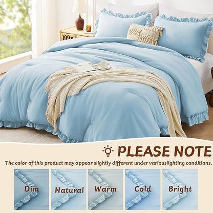 FUANNA Full Size Comforter Sets Light Blue, 3 Pieces Ruffle Full Size Bedding Sets, Fluffy Bed in a Bag Full for All Seasons, Shabby Chic Full Bed Set with 1 Lightweight Comforter & 2 Pillowshams