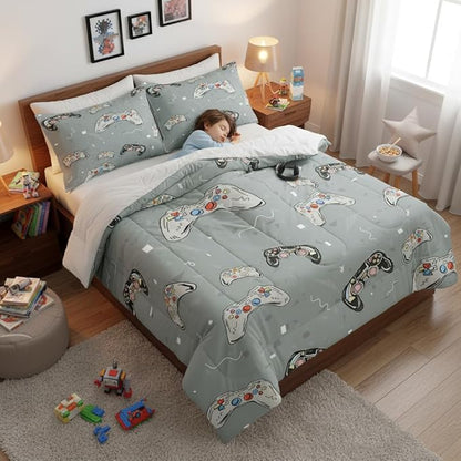 Kids Gaming Comforter Set Twin Size for Boys Grey Video Gamer Bedding Set for Teens Bedroom Decor, 68"x86"